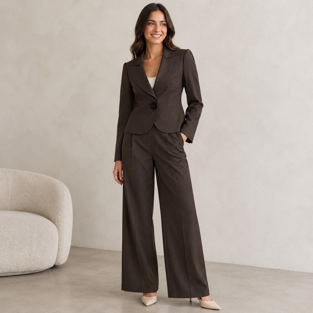Sharagano Pants Suit Womens 12 Brown Blazer Wide Leg Trousers 2 Piece Set Y2K